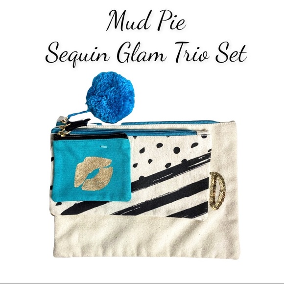 NWT Mud Pie Sequin Glam Trio Set, Canvas Makeup Zipper Pouches - Picture 1 of 15